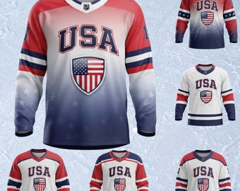 USA Hockey Jersey All Over Print, Unisex Long Sleeve Ice Hockey Shirt, Breathable Pique Birdseye Stretch, Sublimation Game Day Fan Gift