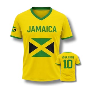 Jamaika inspiriertes Fußballtrikot mit Name und Nummer, gelbgrünes Fußballtrikot