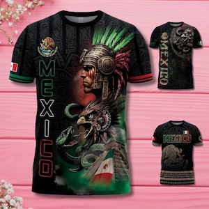 May include: Black t-shirts with Mexican-themed designs. One shirt features a detailed illustration of a warrior, eagle, and snake, with the word "MEXICO" vertically. Two other shirts display the word "MEXICO" and the Mexican coat of arms.