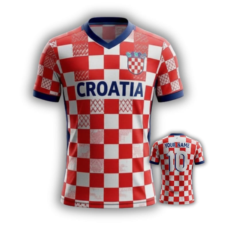 May include: Red and white checkered Croatia soccer jersey with blue accents. The word "CROATIA" is across the chest. A smaller jersey with "YOUR NAME" and the number "10" is also visible.