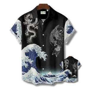 Dragon Koi Hawaiian Shirt, Japanese Wave Print Aloha Top