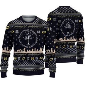 May include: Black crew neck sweater with a repeating pattern of snowflakes, rings, and a tree design. The sweater features a tan silhouette of figures and text around the tree. The design is repeated on the front and back.