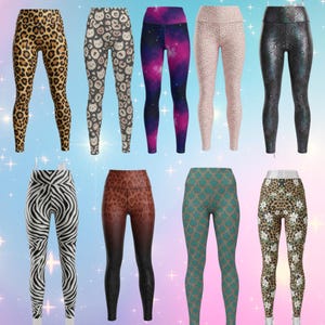 May include: Collection of eight pairs of leggings with various patterns. Designs include leopard print, cat faces, galaxy, light pink leopard, snakeskin, zebra stripes, ombre leopard, teal scales, and floral leopard.