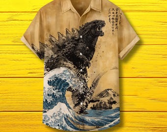 ゴジラハワイアンシャツ：浮世絵波柄、日本の怪獣アロハシャツ - Etsy 日本