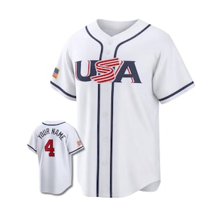 Camiseta de béisbol de EE. UU. con nombre y número personalizados, botones frontales 3D, color blanco, regalo para aficionados del Torneo Internacional de Béisbol 2026
