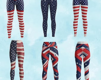 USA Flag High Waisted Leggings, Patriotic Stars and Stripes Yoga Pants