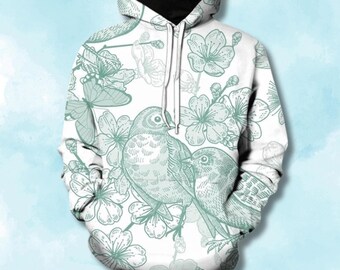Vintage Bird & Blossom Hoodie, Botanical Floral Line Art Sweatshirt, Butterfly Nature Print Pullover, Unisex Cozy Gift
