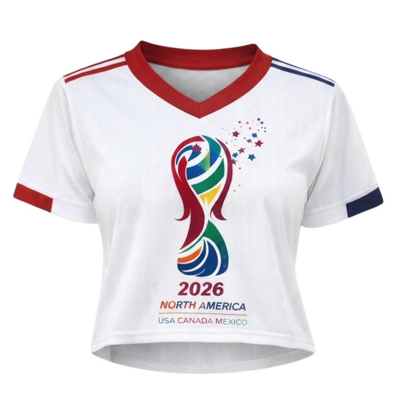 May include: White crop top with a red V-neck and sleeve trim, featuring a colorful graphic and the text "2026 NORTH AMERICA USA CANADA MEXICO". The shirt has blue stripes on the sleeves.