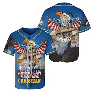Proud to Be American Christian Baseball Jersey – 3D Eagle & Cross Design