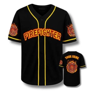 Custom Firefighter Baseball Jersey – Black Button Up with Flames, Add Your Name, Maltese Cross Patch, Unisex First Responder Gift Shirt