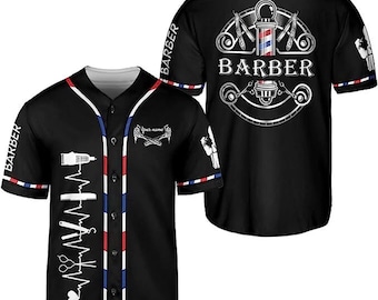 Custom Barber Baseball Jersey – Personalized Hair Stylist Shirt with Tools and Pulse Line Design