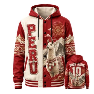 May include: A red and cream varsity-style hoodie featuring a llama graphic, mountain scenery, and a sun design. The front displays the word PERU in large block letters. The back shows a llama, the text YOUR NAME, and the number 10.