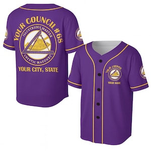 Custom Cryptic Masonry Council Baseball Jersey – Purple Gold Button Up, Add Council # City State and Name, Masonic Illustrious Master Gift