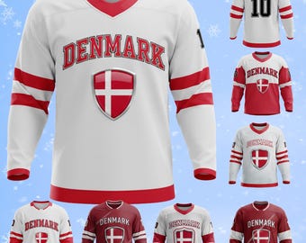 Denmark Hockey Jersey Custom Name Number, Unisex Long Sleeve All Over Print Ice Hockey Shirt, Breathable Birdseye Pique Stretch Fanwear Gift