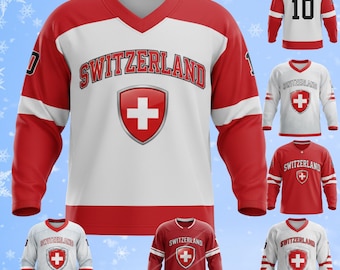 Switzerland Hockey Jersey Custom Name Number, Unisex All Over Print Long Sleeve Ice Hockey Shirt, Breathable Birdseye Pique Stretch Fan Gift