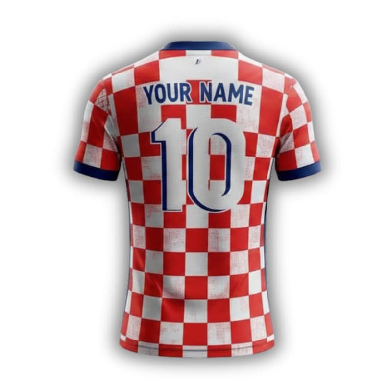 May include: A red and white checkered soccer jersey with the number 10 and the text "YOUR NAME" in blue. The jersey has blue trim on the collar and sleeves. The jersey is a sports apparel item.