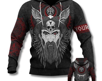 Personalized Viking Warrior Hoodie, Norse Skull Art, Gothic Pullover