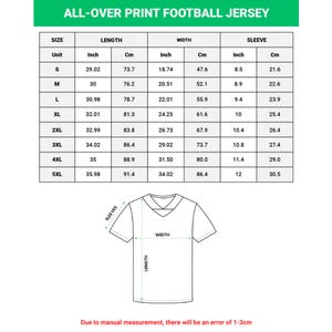 May include: Image of a size chart for an all-over print football jersey. The chart includes measurements in inches and centimeters for sizes S to 5XL. The chart also shows a diagram of the jersey with labeled measurements for length, width, and sleeve length.