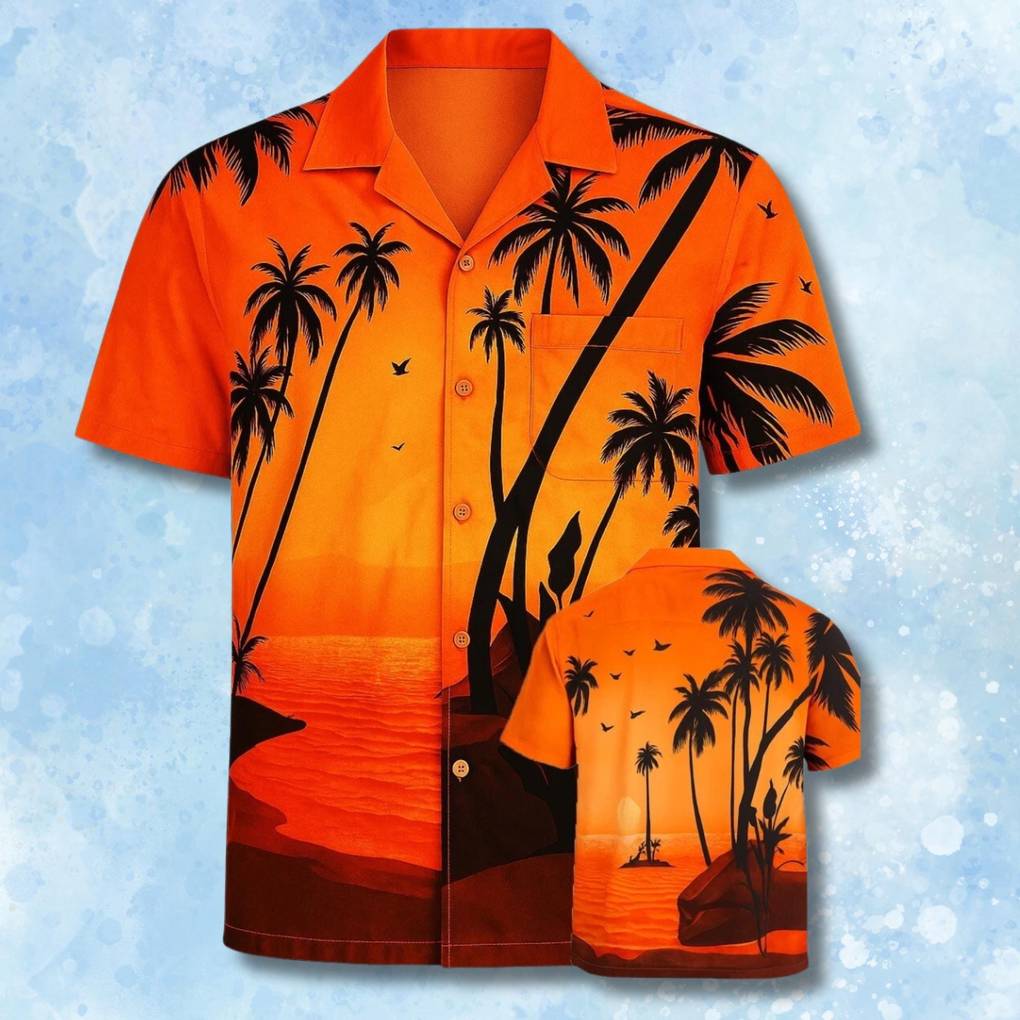 Orange Sunset Hawaiian Shirt, 3D Palm Tree Print, Chest Pocket - Etsy