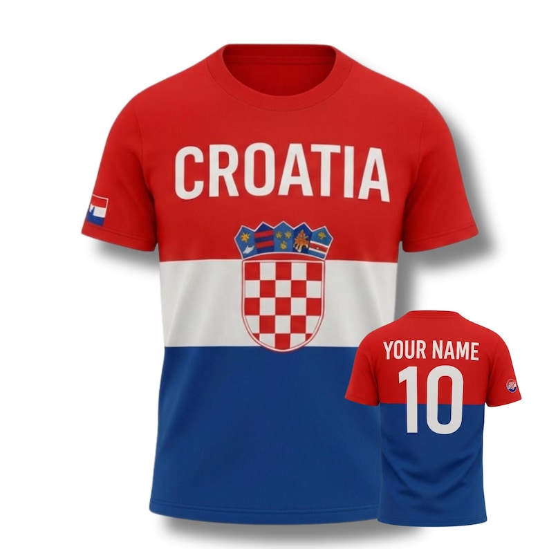 クロアチアサッカーユニフォーム カスタムネームナンバーシャツ、クロアチア国旗サッカーファンTシャツ 画像 1