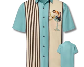 Retro Toucan Cocktail Bowling Shirt, Aqua Striped Rockabilly Tiki Top