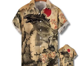 3D Japanese Dragon Kaiju Hawaiian Shirt, Vintage Ink Wash Art Aloha Top