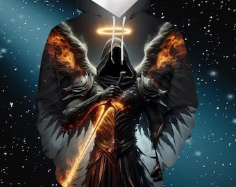 Hoodie met donkere engel, Flaming Sword, gotische trui met 3D-print