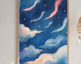 Watercolor Celestial Night Sky Digital Print, Blue Starry Wall Art for Nursery, Kids Bedroom Starry Decor, Gold Star Christian Digital Art