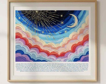 Genesis Creation Story Printable Wall Art, Read Aloud Bible Nursery Print, Rainbow Sun Moon Christian Kids Room Decor, Digital Download