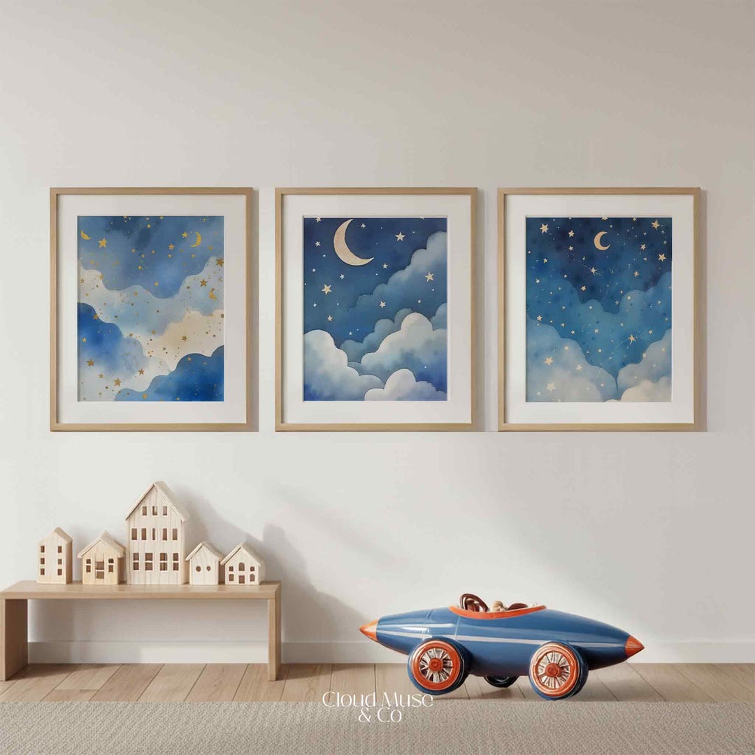 Navy Blue Nursery Wall Art Set of 3 Printable, Moon Stars Clouds ...