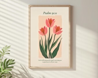 Impresión digital del versículo bíblico del Salmo 91, decoración floral con tulipanes rosados, arte mural para el hogar basado en la fe, arte botánico cristiano en acuarela