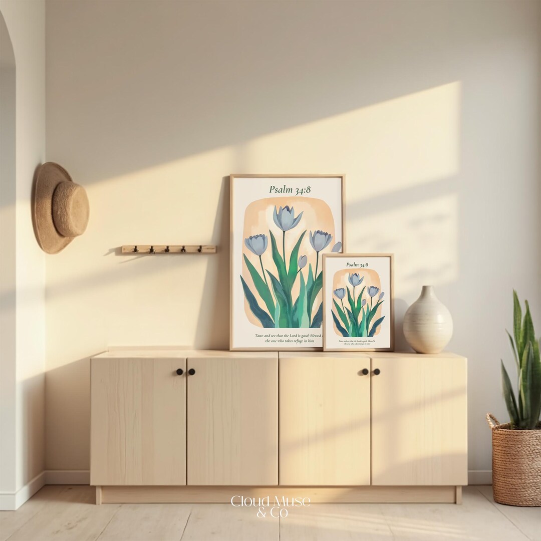 Psalm 34:8 Scripture Wall Art – Blue Tulips Floral Bible Verse Print ...