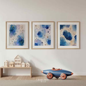 Set of 3 Celestial Moon & Comet Prints, Blue Watercolor Cloud Wall Art, Starry Night Constellation Kids Bedroom Decor, Digital Print