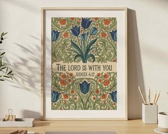 The Lord is With You Digital Print, Judges 6:12, William Morris Style Blue Floral Wall Art, Christian Home Decor or Christian Faith Gift