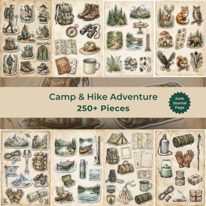 Op de afbeelding: Een verzameling stickers met een kampeer- en wandelthema met illustraties van rugzakken, laarzen, kompassen, verrekijkers, tenten, kaarten, dieren in het wild en uitrusting, met de tekst Camp & Hike Adventure 250+ Pieces Junk Journal Page.
