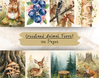 Woodland Animal Junk Journal Kit, Water Color Forest Ephemera, Fall Scrapbook Digital Paper