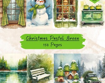Christmas Junk Journal Kit, Pastel Green Winter Ephemera, Vintage Christmas Scrapbook Paper