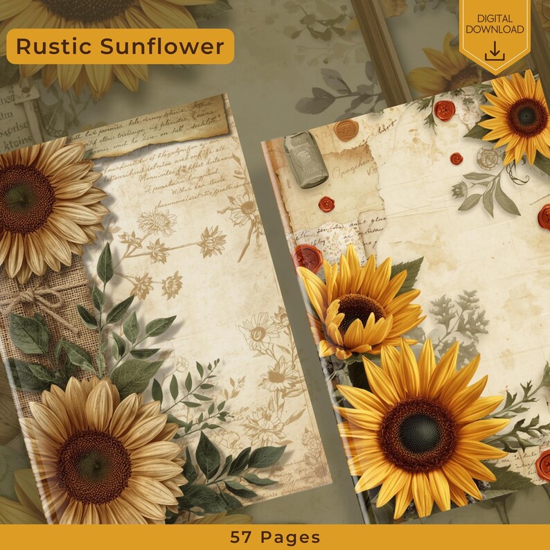 Rustic Field Journal Vintage Sunflower Junk Journal Kit, Rustic Autumn Ephemera (digital ...