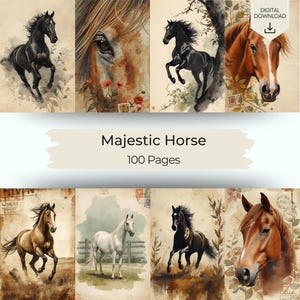 Puede incluir: Una descarga digital con ocho ilustraciones de acuarela de caballos en varias poses. Las imágenes muestran caballos en tonos de negro, marrón y blanco, con elementos florales y vintage. El texto dice "Majestic Horse 100 Pages."