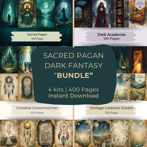 Könnte beinhalten: Ein digitales Bündel aus vier Kits mit 400 Seiten zu Themen wie Sacred Pagan, Dark Academia, Celestial Dreamcatcher und Vintage Celestial Dream. Der Text lautet SACRED PAGAN DARK FANTASY BUNDLE 4 kits 400 Pages Instant Download.