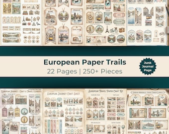 May include: A collection of eight printable paper craft sheets featuring vintage European travel themes, including illustrations of landmarks, city streets, hanging tags, labels, and postcards with text like European Adventure and Wanderlust.