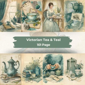 May include: A collage of watercolor illustrations featuring Victorian tea party scenes. The images showcase teacups, teapots, and a woman in a gown, all in shades of teal and cream. The text "Victorian Tea & Teal 101 Page" is also visible.