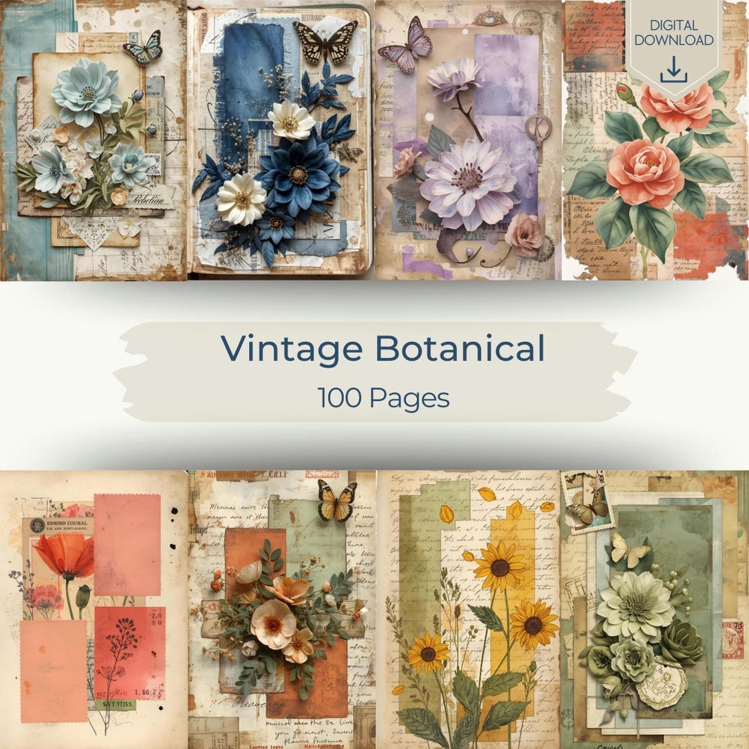 Vintage Botanical Junk Journal Kit, Rustic Floral Ephemera, 100 Pages ...