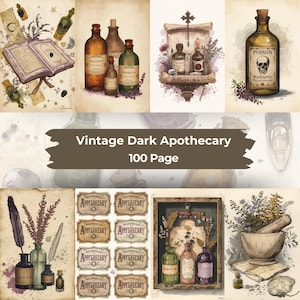Könnte beinhalten: Eine Collage von Illustrationen im Vintage-Apotheken-Stil. Die Bilder zeigen Flaschen, Etiketten, ein offenes Buch und einen Mörser mit Stößel. Der Text "Vintage Dark Apothecary 100 Page" ist prominent dargestellt. Die Farbpalette umfasst Braun-, Grün- und Cremetöne.