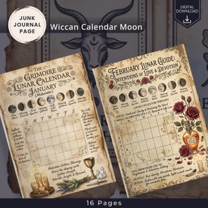 May include: Two vintage-style paper pages featuring a Wiccan lunar calendar for January and February. The pages include moon phase illustrations, a blank weekly grid, candle and potion bottle graphics, and text detailing lunar cycles, intentions, and rituals.