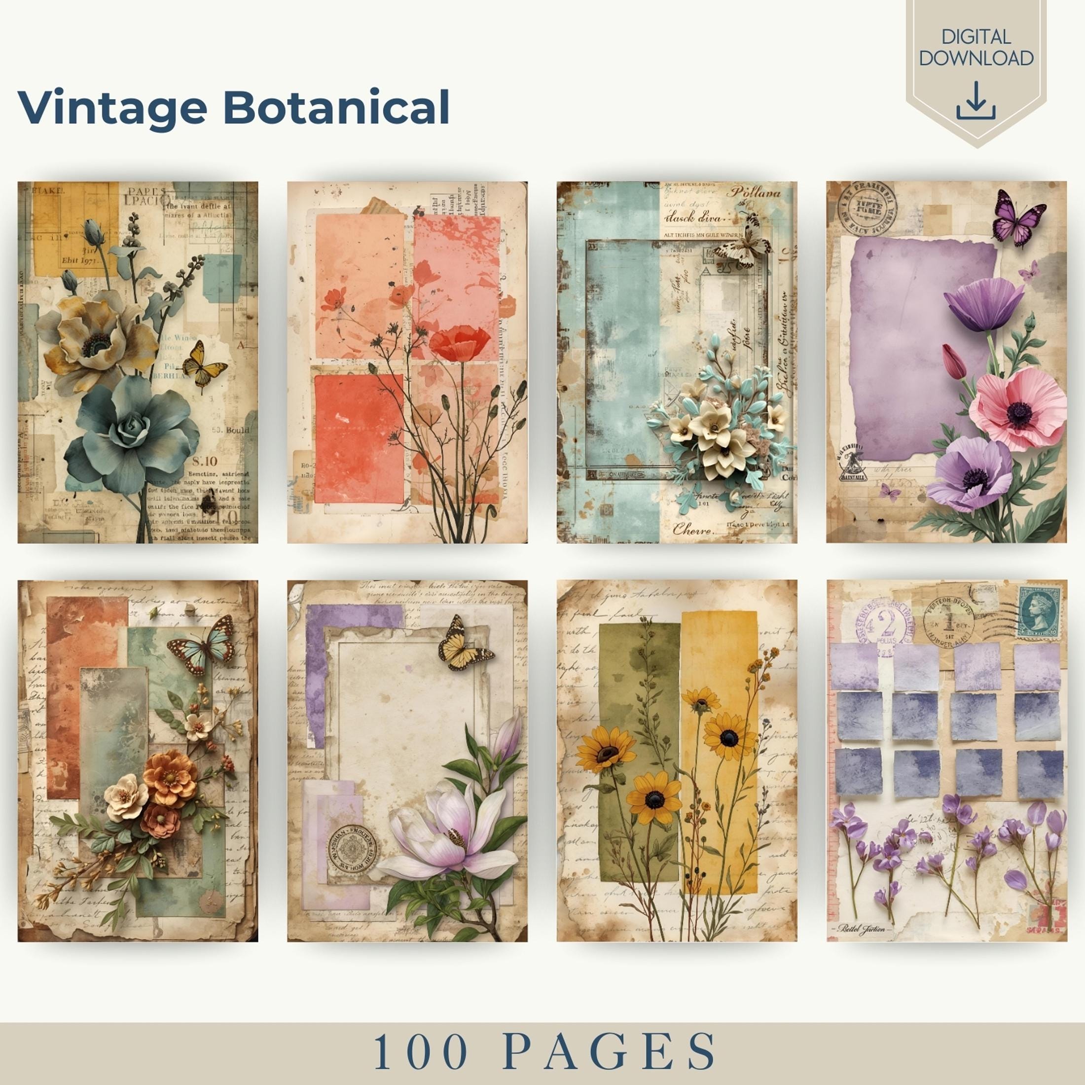 Vintage Botanical Junk Journal Kit, Rustic Floral Ephemera, 100 Pages ...