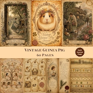 May include: A collection of vintage-style journal pages featuring guinea pig illustrations, floral borders, and rustic cottage scenes. The pages include text such as The Vintage Guinea Pig Journal, Wren's Hollow, and 60 Pages, with sepia-toned graphics.