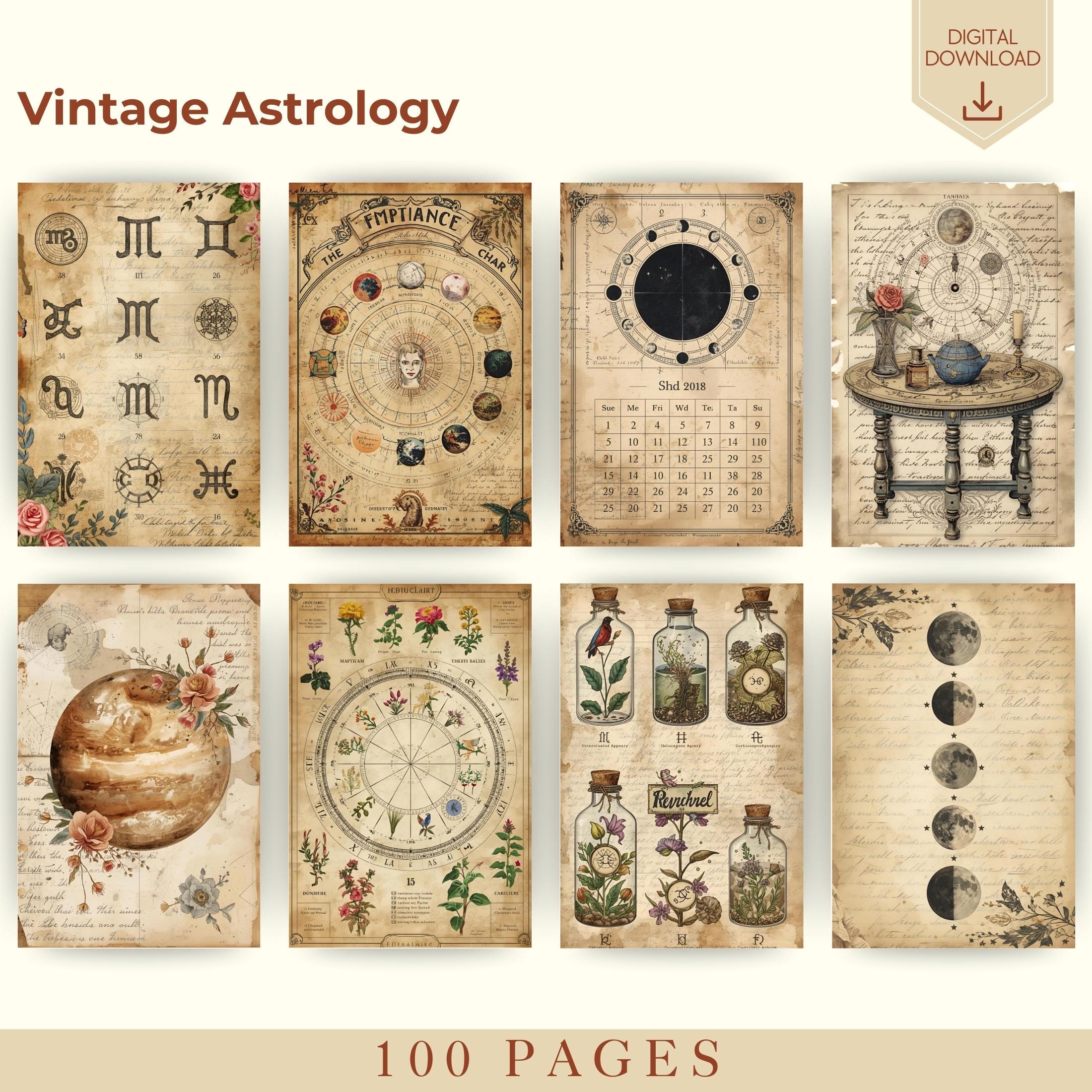 Vintage Astrology Junk Journal Kit, Celestial Watercolor Pages (digital ...