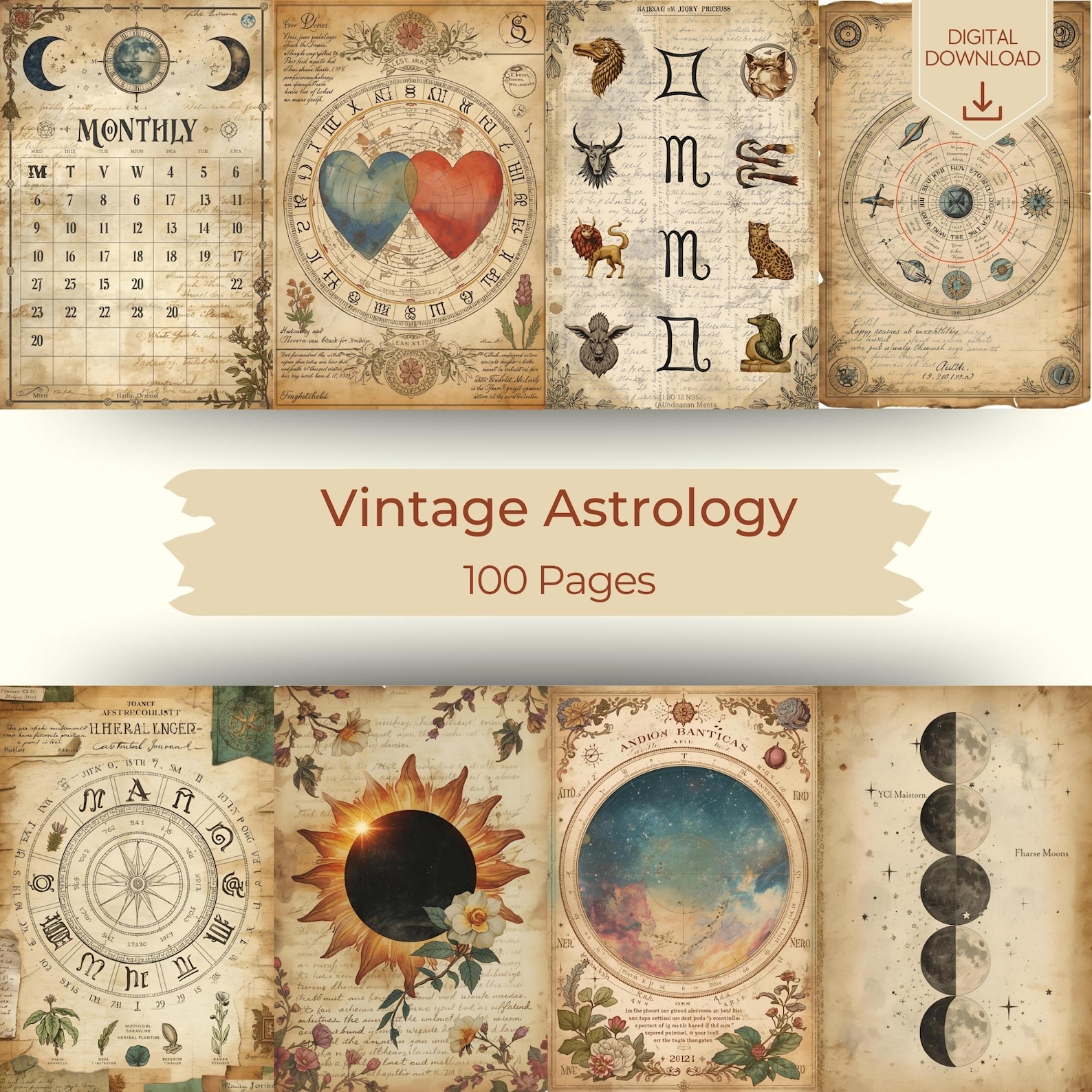 Vintage Astrology Junk Journal Kit, Celestial Watercolor Pages (digital ...