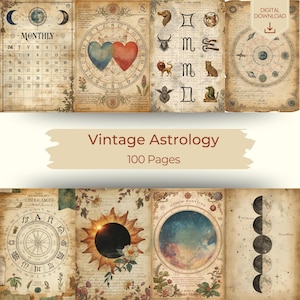 Puede incluir: Una colección de 100 páginas de astrología de estilo vintage con texturas de papel envejecido, cartas celestiales, símbolos del zodiaco, fases lunares e ilustraciones solares. Incluye un calendario mensual, motivos de corazones y diagramas.
